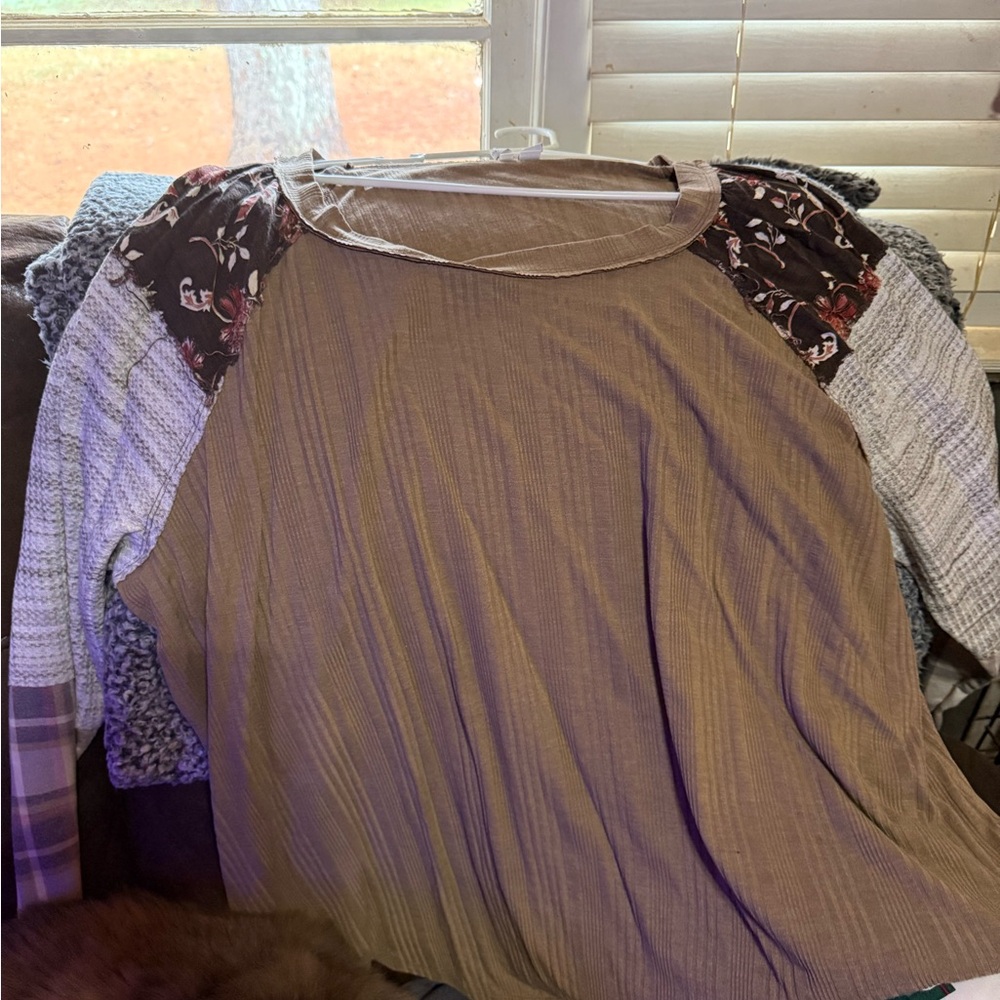Cato Tan Top with Floral and Striped Sleeves